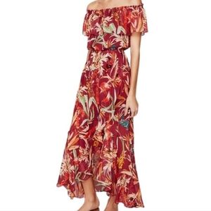 Express Romantic off the shoulder large floral tropical high low Blouson dress